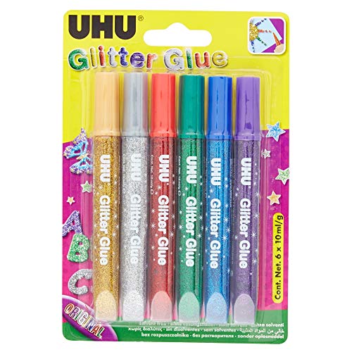 UHU Glitter Glue Original, Glitzerkleber zum Basteln, Dekorieren und kreativen Gestalten in Tube mit feiner Dosierspitze, 6 x 10 ml