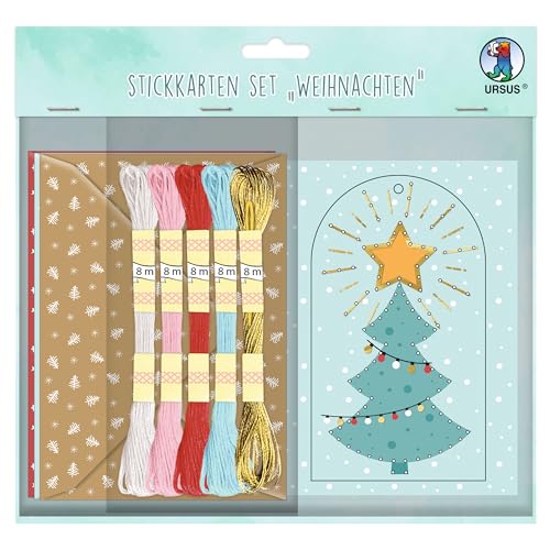 Ursus 3080099F - Stickkarten Set, Weihnachten, Grußkarten A6, zum Besticken von 8 weihnachtlichen Grußkarten 250 g/m², mit 8 Briefumschlägen, 5 Docken Stickgarn und einer Sticknadel