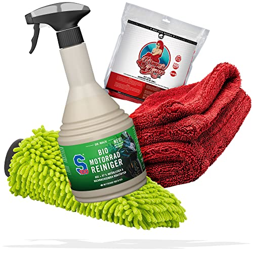 Motorradpflege Reinigung & Trocknen Bundle - Dr. Wack – S100 BIO Motorradreiniger 750ml I Für Verschmutzungen wie Öl, Insekten oder Fett + Nuke Guys Gamma Dryer Trockentuch + detailmate Waschhandschuh