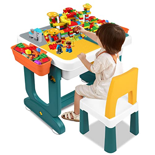 YRHome Multifunktionaler Kindertisch mit 2 Stühle Spieltisch Doppelseitiger Aktivitätstisch 300 Stück Bausteine Kinder Tisch Stuhl Set für Kinderzimmer