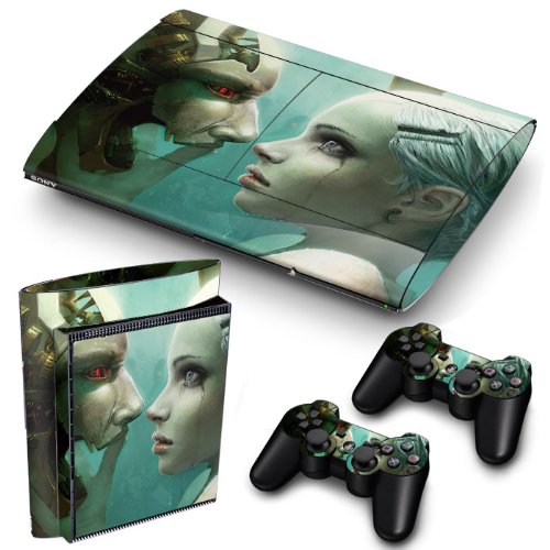 PS3 Super Slim Playstation Haut-, PVC für Konsole + 2 Controller/Pads Aufkleber-Schutz-Abdeckung Art Leather Effect