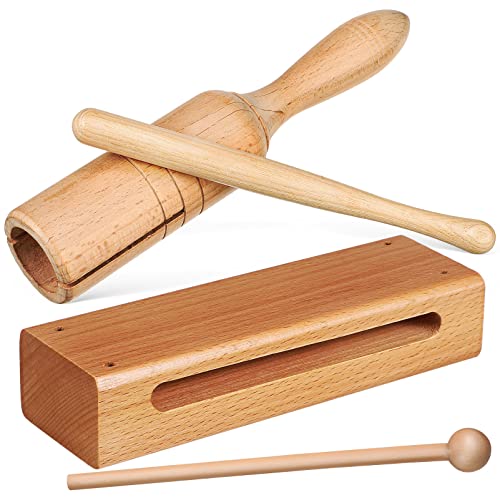 Vaguelly 2 Set Percussion Instrument Wood Block mit Schlägel, Röhrentrommel mit Schlägel, Holz Trommel Kindergarten Orff Instrument, für Rhythmus Taktgefühl