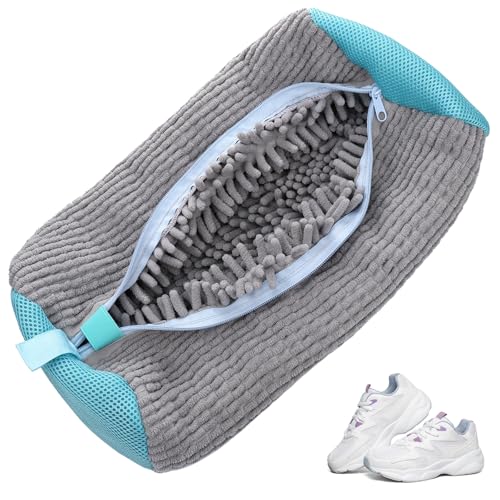Kssvzz Schuhwaschbeutel Waschmaschine, Wiederverwendbar Schuhbeutel Waschmaschine, Wäschesack Schuhe mit Reißverschluss, Schuhsack Waschmaschine mit 360° Reinigungsflusen für Schuhe (Grau)