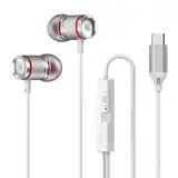 jj-shop24 In-Ear USB-C Kopfhörer Sport Headset BASS für iPhone Huawei Samsung iPad Xiaomi Google weiß Silber mit Kabel und Mikrofon