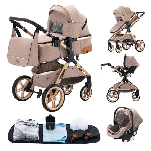 YAZOCO kinderwagen 3 in 1, Zusammenklappbar kinderwagen Komplettset Becherhalter, Moskitonetz, Fußabdeckung Für Baby Erstausstattung Neugeborene (5 Khaki)