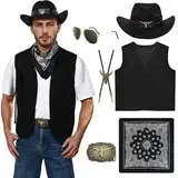 Antsparty Cowboy Kostüm Herren, Karneval Western Cowboy Fransenweste Set mit Hut Halstuch Halskette Brille, Herren Karneval Hippie Kostüm