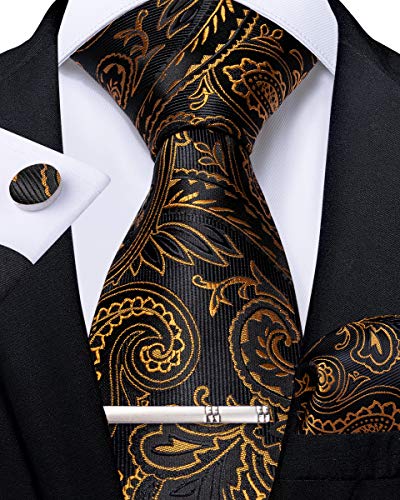 DiBanGu Gold Krawatten und Taschentuch-Set Schwarz und Gold Paisley Krawatte für Herren Manschettenknopf-Krawattenklammer für Hochzeit Formell