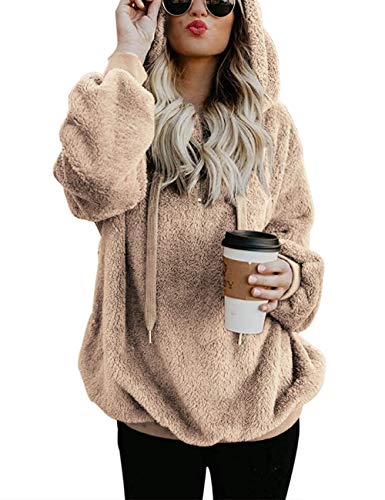 iWoo Winterpullover Damen Casual Winter Kapuzenpullover Mode Langarmshirt Samt Teddy-Fleece Mantel Herbst Winter Hoodie Pullover(Khaki,M)