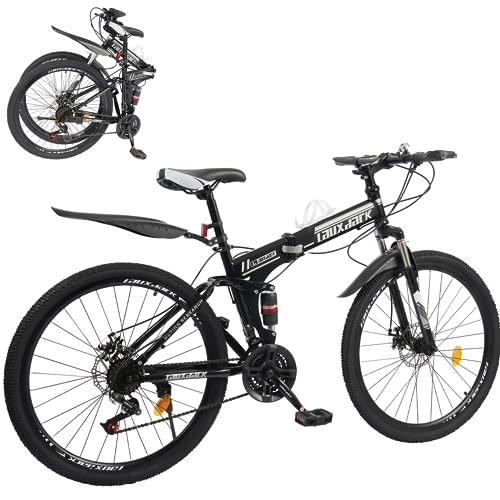 26 Zoll Faltbare Mountainbike mit Stoßdämpfer MTB Fahrrad 21 Gang-Schaltung mit Scheibenbremse vorne und hinten Höheverstellbar für ab 160cm Jungen, Mädchen, Damen & Herren(Schwarz)