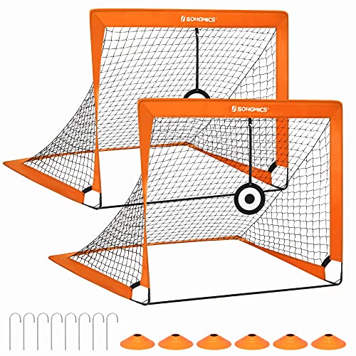 SONGMICS Fußballtor für Kinder, 2er Set, tragbar und faltbar, Garten, Park, Strand, Haltestangen aus Glasfaserstäben, orange SZQ422O01
