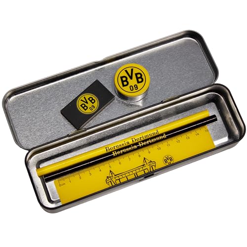 Borussia Dortmund Unisex Jugend Schreibset mit Metallbox, Exklusives BVB Schulset, schwarzgelb, 21x7x4 cm