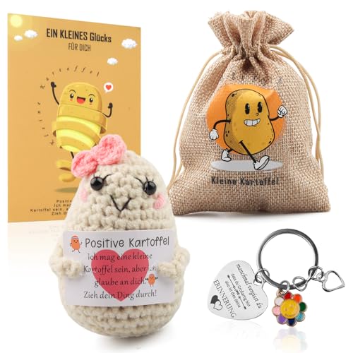 Positive Kartoffel Deutsch mit Schlüsselanhänger, Glücksbringer Geschenke für Frauen,Pocket Hug Kreative Strickwolle Puppe mit Umarmung Glücksbringer,Einschulung Geschenk,Schulkind Geschenk,Abschi (A)