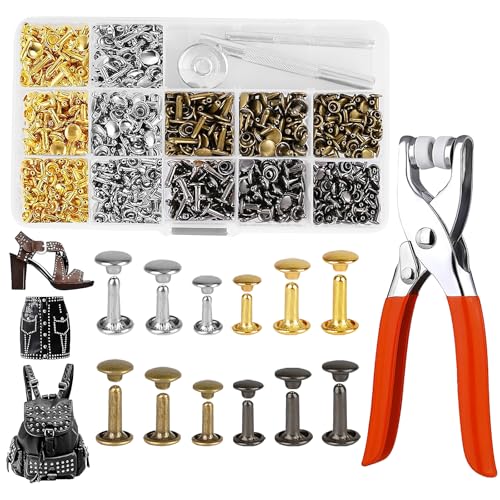 OdiuK 360 Set Leder Nieten Set, Doppelkappe Hohlnieten mit Nietenzange und Lochzange 12mm 8mm 6mm Ledernieten, Nieten für Leder hohlnieten Set für DIY Lederhandwerk Kleidung Dekoration, 4 Farben