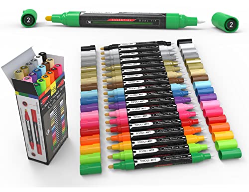 TOOLI-ART Acrylfarben-Marker-Set Essential Color Series für Felsmalerei, Leinwand, Tassen, Kunststoff, Metall, Glas, Farbe, Stoff, Holz. Ungiftig, schnell trocknend, auf Wasserbasis (18 DOPPELSEITIG)