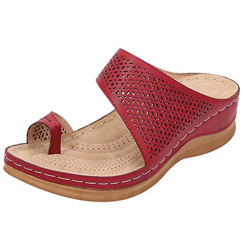 rismart Damen Slides Sandalen Keilabsatz Ringzehe Zehentrenner Hohl Gemustert Lässige Sommer Pantoffeln (Rot,41 EU)