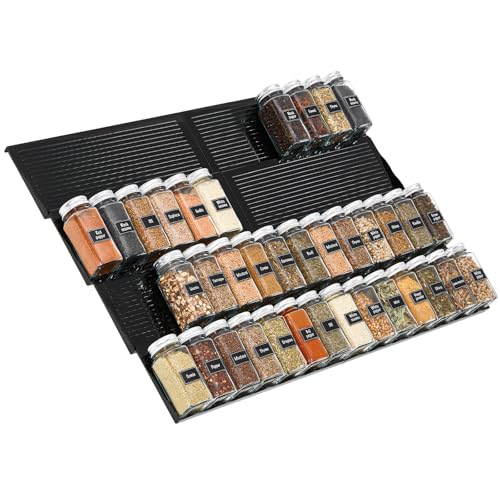 Lifewit Kunststoff Justierbare Gewürzschublade Organizer, Expandable Gewürzregal von 33cm bis 66cm für Küchenspeicher Arbeitsplatte, Schubladenschrank für Gewürze, Sirup, Likör, Pantry, 8 Set Schwarz