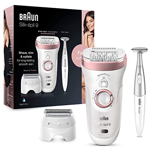 Braun Silk-épil 9-890, Epilierer für langanhaltende Haarentfernung, kabelloses Wet&Dry Epiliergerät für Frauen, inkl. Bikinitrimmer und verschiedene Aufsätze, weiß/roségold