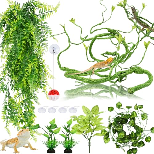 Hängepflanze Terrarium Zubehör, QUOZUO kunstpflanze hängend, Künstliche Pflanzen Reptilien Terrarium Kletterreben Blätter, Chamäleon Terrarium Deko für Eidechsen, Schlangen