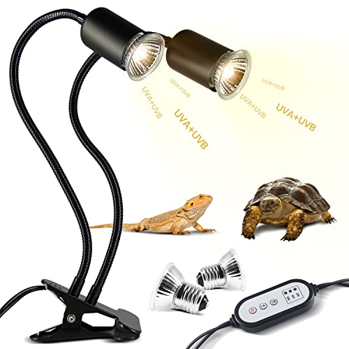 testyu Doppelende Schildkröte Wärmelampe, 25W+50W Reptilien Heizlampe E27, UVA+UVB Terrarium Wärmespotlampe mit 2 Basking Spot Glühbirnen für Eidechse, Schildkröte, Kakadu, Schlange, Chamäleon Usw