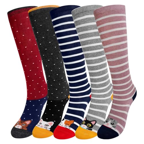 ZFSOCK Kinder Socken Mädchen Kniestrümpfe: Overknees Lange Strümpfe Kindersocken Baumwolle mit Lustigen Gestreiften Tiermotiven - Bunte Ohne Naht Kniesocken Geschenk 5 Paar Größe 35-38 Katze