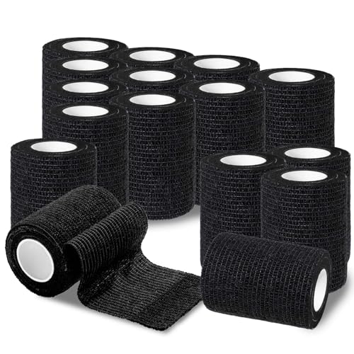 ROELLY 16 Rollen Verband Selbstklebend, Selbsthaftende Bandage 7,5 cm x 4,5 m, Elastische Binde, Erste-Hilfe-Bandage für Finger, Handgelenke, Knöchel, Anwendbar für Menschen Oder Kleintiere, Schwarz