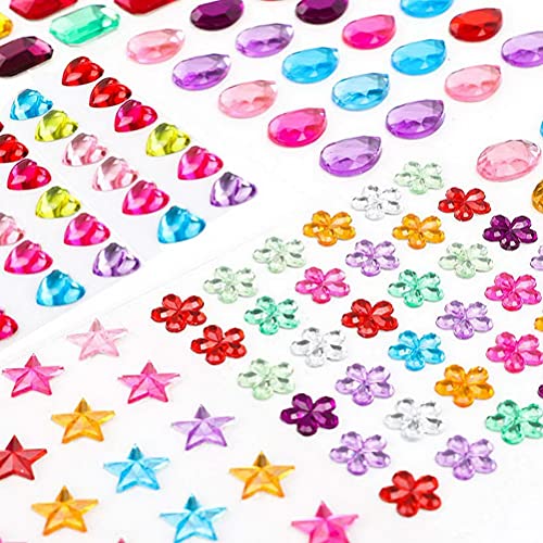 1200 Stück Glitzersteine Selbstklebend, 14 Bögen Acryl Strasssteine Sticker Verschiedene Formen Klebesteine Schmucksteine für Kinder DIY Handwerk Grußkarten