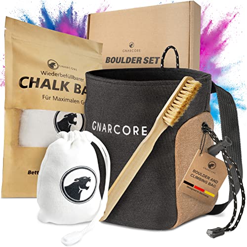 GNARCORE® *NEU* - Komplett Set aus Chalkbag, Chalk Ball und Boulder Bürste - Alles für die nächste Klettersession - Ideal für Anfänger und Fortgeschrittene - Perfektes Bouldern Geschenk Schwarz-Braun