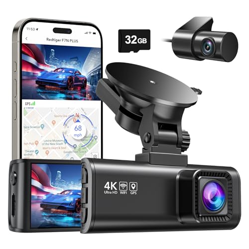 REDTIGER Dashcam Auto Vorne Hinten 4K/2,5K mit GPS WiFi, Dash Cam Auto Kamera mit 3,18" IPS-Bildschirm, kostenlose 32-GB-Karte, Nachtsicht, Loop-Aufnahme, 170 ° Weitwinkel WDR, Unterstützt 256 GB Max