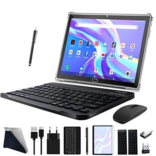 2024 Neueste Tablet 10 Zoll,3-in-1 Tablet Mit Tastatur Maus Stift,Android 13 4G LTE Tablets Mit 2 SIM 1 SD,64GB ROM 512GB TF-Octa-Core | 1080P FHD | 13MP | 6000mAh | Bluetooth | WLAN GPS Typ C-Schwarz