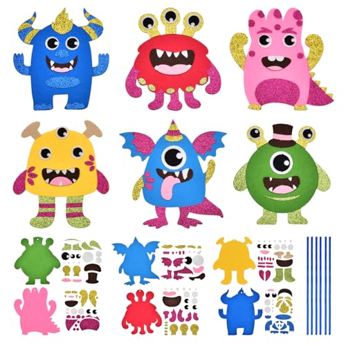 QIURUYUE 6 Monster Bastelsets Filz Kinder Halloween Kreativsets zum Basteln Kreative Kunsthandwerk Bastelhandwerk mit Moosgummi Aufkleber für Jungen Mädchen Halloweenzeit Karneval Geburtstag