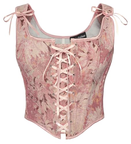 SCARLET DARKNESS Damen Vampir Kostüm Oberteile Mittealter Lace-Up Quadratischer Hals Tank Top Rosa Blumen 36