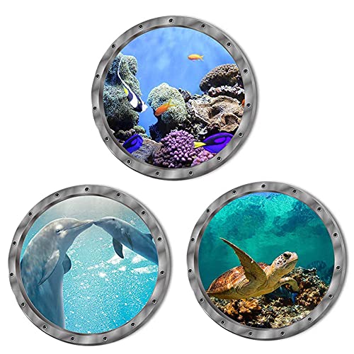 Bullauge Aufkleber 3D 3 Stück Wandtattoo Meer Wandaufkleber Delphin Schildkröten Unterwasserwelt Wandaufklebermarine Wohnzimmer Unterwasser Welt Wand Aufkleber Home Decor