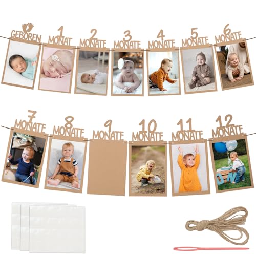 Foto Banner 1. Geburtstag für 1 bis 12 Monate Baby Fotogirlande Geburtstagsdeko Hängende Wanddekoration für Mädchen Jungen Party Deko Feiern Deutsch Kraftpapier Girlande Erster Kommunion (Braun)