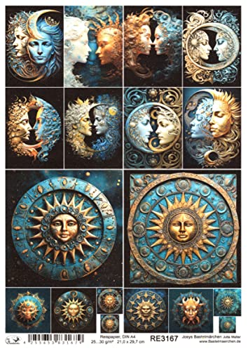 Josys Bastelmärchen Reispapier A4 Strohseide Decoupage Fantasy Symbol Sonne Mond Gesichter RE3167