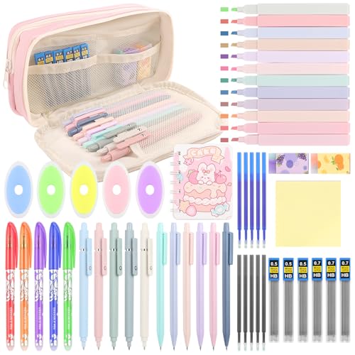 YnewL 54 Stück Schulzubehör mit Mäppchen, 12 Textmarker, 5 Löschbare Stifte, 5 Neutrale Stifte, 6 Druckbleistifte, Aesthetic School Stuff Schulbedarf, Bürobedarf, Schreibwaren Set für Schüler (Rosa)