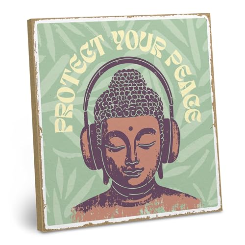 ARTFAVES® Deko Schild mit Spruch - protect your peace buddha - Dopamine Decor Bild Trend - Spiritualität, Achtsamkeit