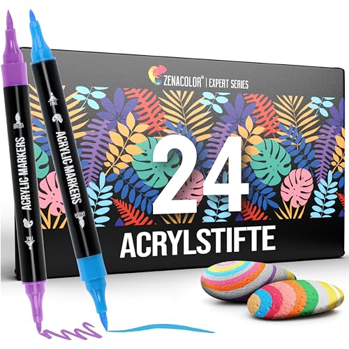 Zenacolor 24 Acrylstifte für Steine wasserfest mit Doppelspitze (feine Spitze und Pinsel) - Acrylstifte verschiedene Oberflächen - Multimarker Acryl