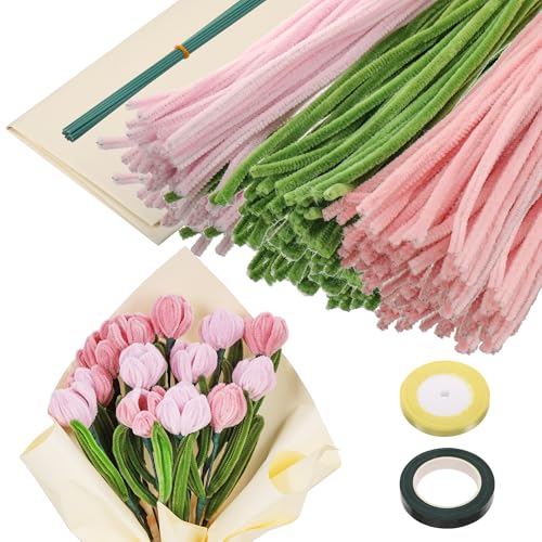 320stk Pfeifenputzer zum Basteln, Pfeifenreiniger Blumen mit Floristenkrepp, Flexibel Verdickt Chenilledraht, 30cm Lang Pfeifenreiniger Rosa Grün, Pipe Cleaner Kreativ Set für Erwachsene DIY Basteln