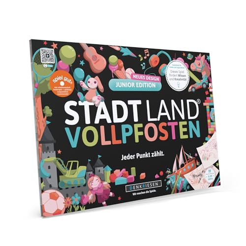 DENKRIESEN Stadt Land VOLLPFOSTEN® - Junior Edition | DIN A4 Spielblock | Ab 8 Jahren | Familienspiel | Kindergeburtstag | Kreative Stadt Land Fluss Variante | Spaßige Kategorien für Kinder