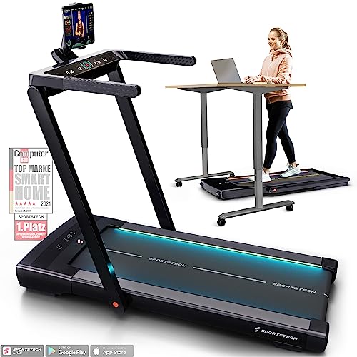 Sportstech sTread Fold Smartes Mini Laufband klappbar mit App Funktion - Fitness Treadmill bis 12 km/h & Walking Pad bis 6 km/h für Zuhause - 360° Tablet Holder Schwarz