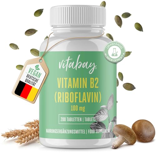 Vitabay Vitamin B2 (Riboflavin) | 200 vegane Tabletten | Hochdosiert mit 100 mg | Laborgeprüft & hergestellt aus hochwertigen Rohstoffen