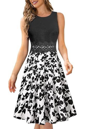 HOMEYEE Damen Vintage Rundhals Ärmellos Blumen Bestickt Knielang Cocktailkleid A079 (L, Weiß + Schwarz Blumen)