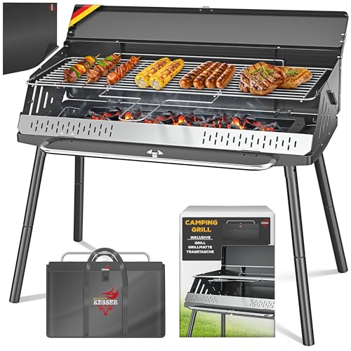 KESSER® Klappgrill tragbarer Camping Grill mit Gestell | Holzkohlegrill aus pulverbeschichtetem Stahl inklusive Grillrost, Grillmatte & Tragetasche | Faltbar BBQ ideal für Camping, Picknick & Angeln