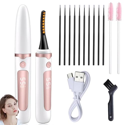 Wimpernzange Beheizbar Heated Eyelash Curler Beheizbare Wimpernzange Elektrische Mit 4 Temperaturmodi, Wiederaufladbares LED-Display, für alle Wimpern, mit 2 Wimpernbürste,10 Eyeliner-Pinsel