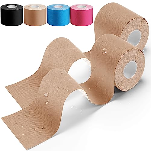 HONYAO® Kinesiotapes 2 Rollen, Kinesiologie Tape (5m×5cm), Physio Tape für Schulter, Rücken, Knie, Ellenbogen und Nacken, Tape Sport, Hautfreundlich, Elastisch & Wasserfest - Hautfarben