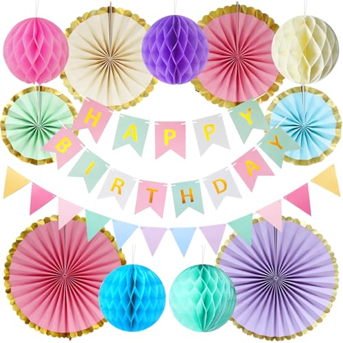 Pastell Geburtstag Dekoration, Macaron Happy Birthday Party Deko Mädchen Frau mit Happy Birthday Girlande Wimpelkette Wabenbälle Papier Fans, Wiederverwendbare Wabenbälle Geburtstagsdeko Pompons Deko