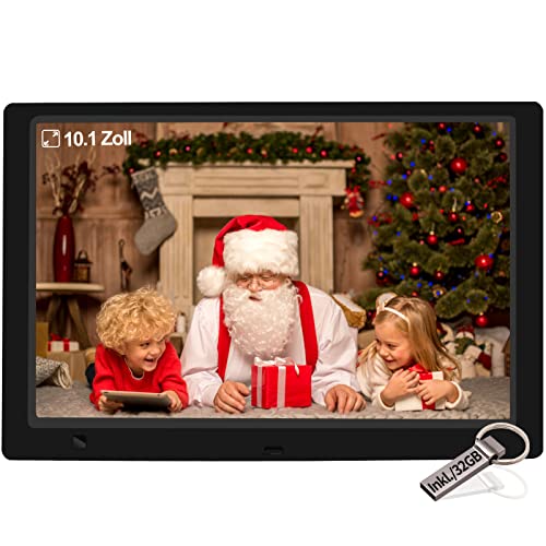 Digitaler Bilderrahmen 10,1 Zoll Fotorahmen mit 32GB USB Stick, Bewegungssensor, 1920x1080 IPS Bildschirm, Kalendar, Zeitschaltuhr, Foto/Video/Musik-Player Elektronischer Bilderrahmen Wandmontierbar