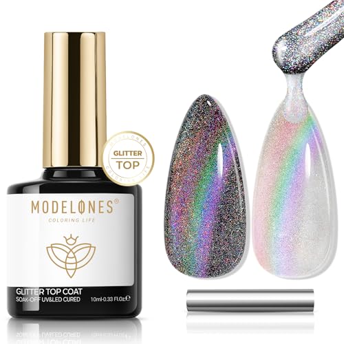 Modelones Glitzer Top Coat Gel UV Nagellack 10ML No Wipe Magnetisch Cat Eye Magnet Überlack für Gel Nagellack Gelnägel Polygel Builder Gel Nail Art Maniküre Nageldesign