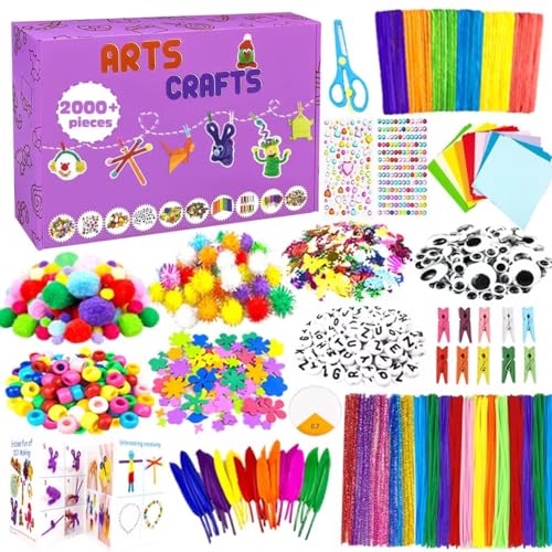 2000 Stück Bastelset Kinder DIY Kunsthandwerk Basteln Bastelkoffer Bastelbedarf Material Set mit Pfeifenreiniger Kulleraugen Kreativ Scrapbooking Bastelbox für Mädchen Jungen 4 5 6 7 8 Jahre Geschenk