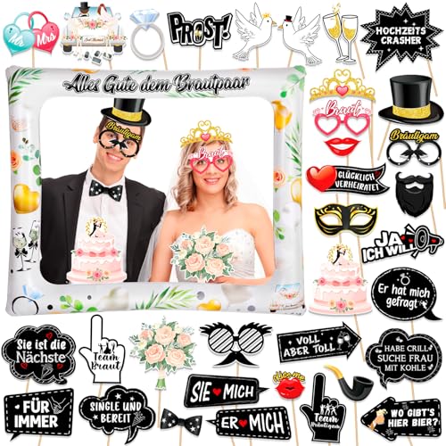 HOWAF 34 Stücke Deutsche Sprüche Fotobox Accessoires Hochzeit Foto Requisiten Hochzeit Fotobox Requisiten und Hochzeit Photo Booth Brautpaar Aufblasbarer Fotorahmen für Hochzeit JGA Partydeko